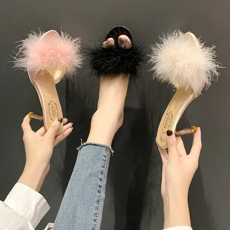 British Style Retro Furry Thin Hight Heel Slides