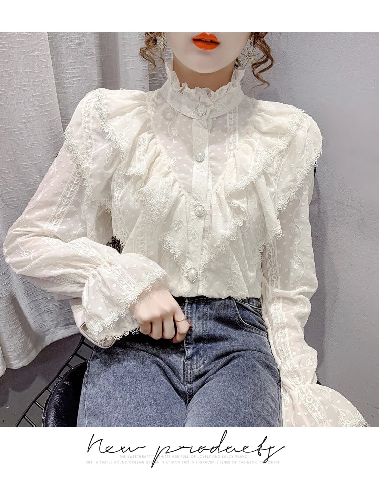 Victorian Style Ruffle Lace  Stand Collar Pleated Blouse with  Long Sleeve