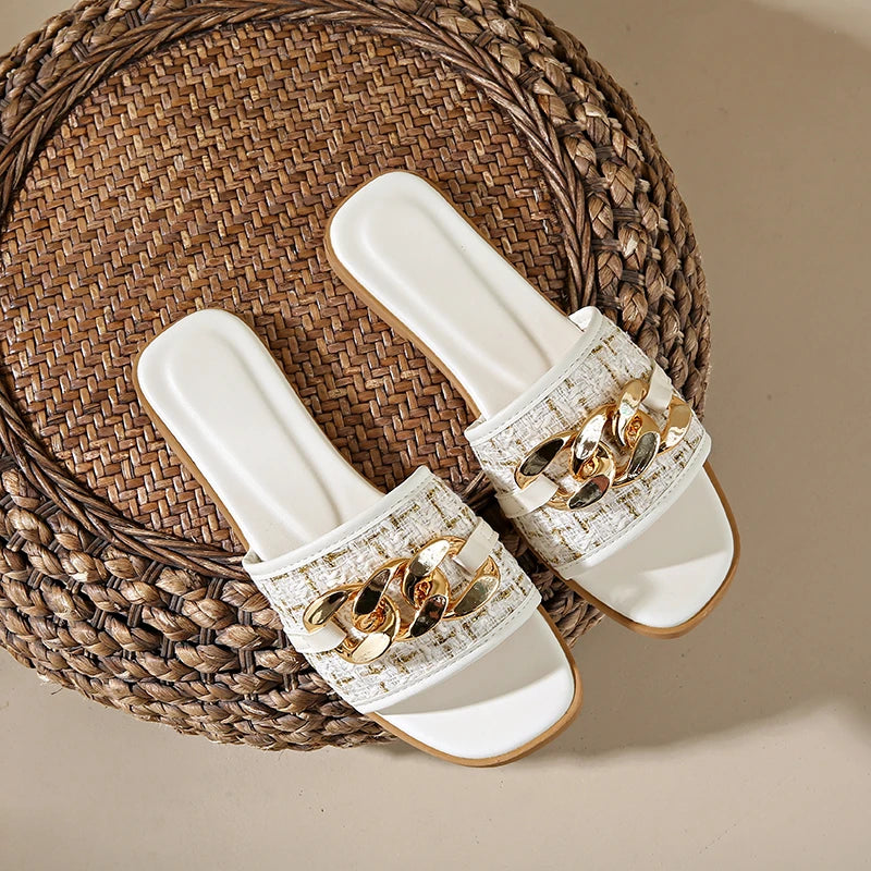 Korean Style Chain White Flip Flops Sandals