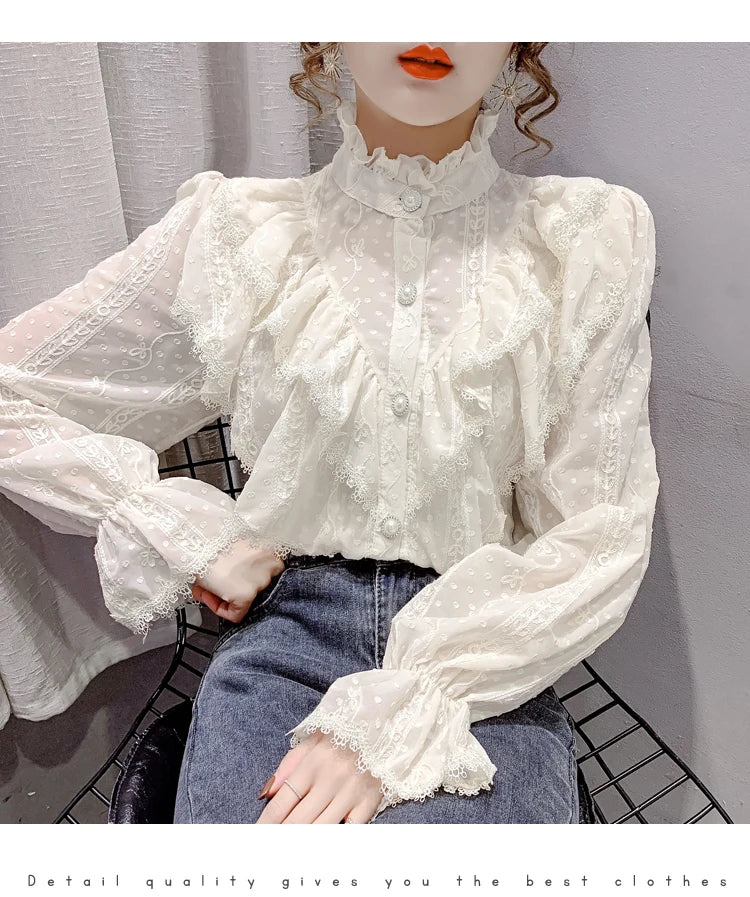 Victorian Style Ruffle Lace  Stand Collar Pleated Blouse with  Long Sleeve