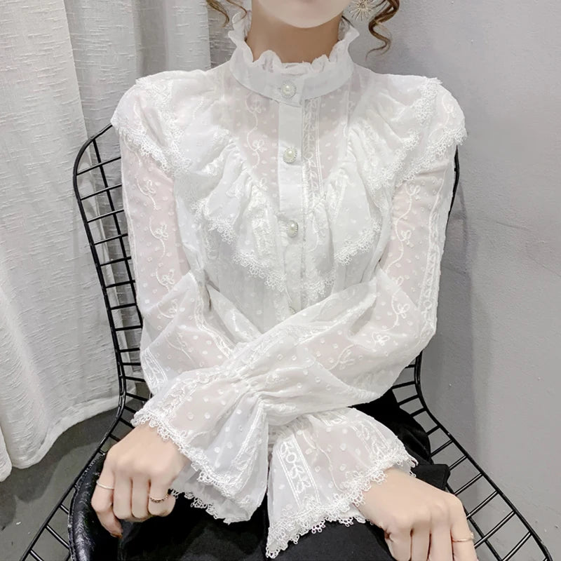 Victorian Style Ruffle Lace  Stand Collar Pleated Blouse with  Long Sleeve