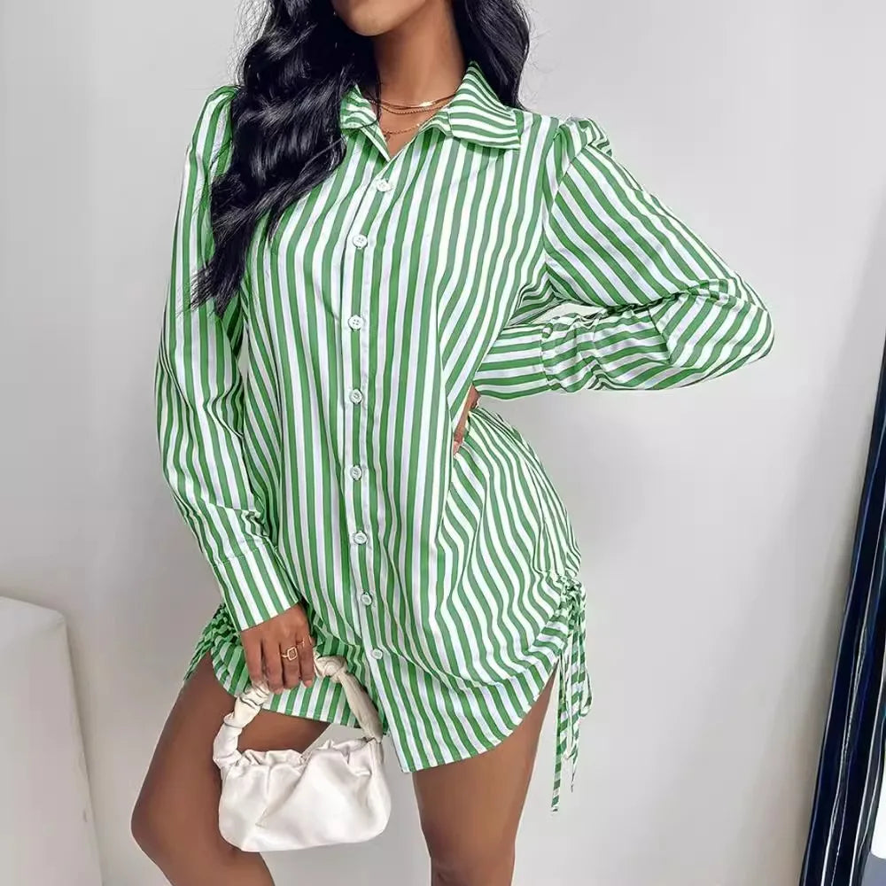 Versatile Striped Print  Drawstring Button Mini  Shirt Dress with Sleeve