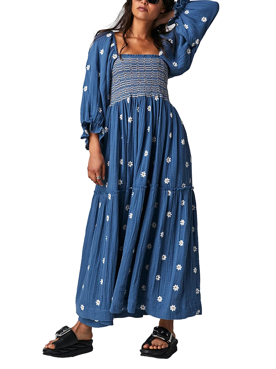 Bohemian Floral Embroidery  Square Neck  Loose Swing Long Dress with 3/4 Puff Sleeves