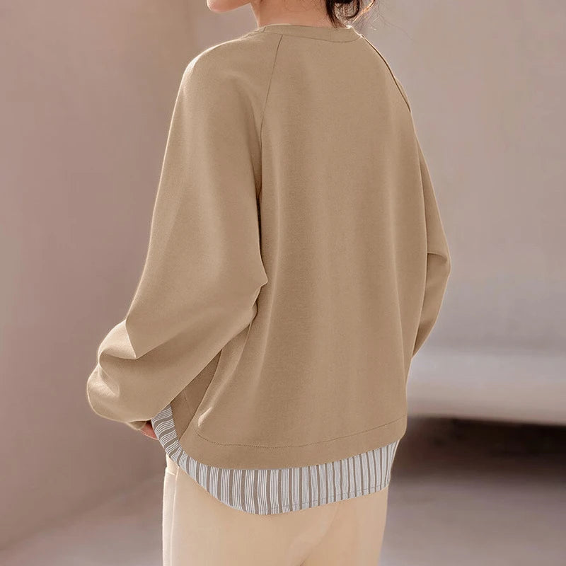 Unique Striped Patchwork O Neck Pullover Blouses with Long  Raglan Sleeves