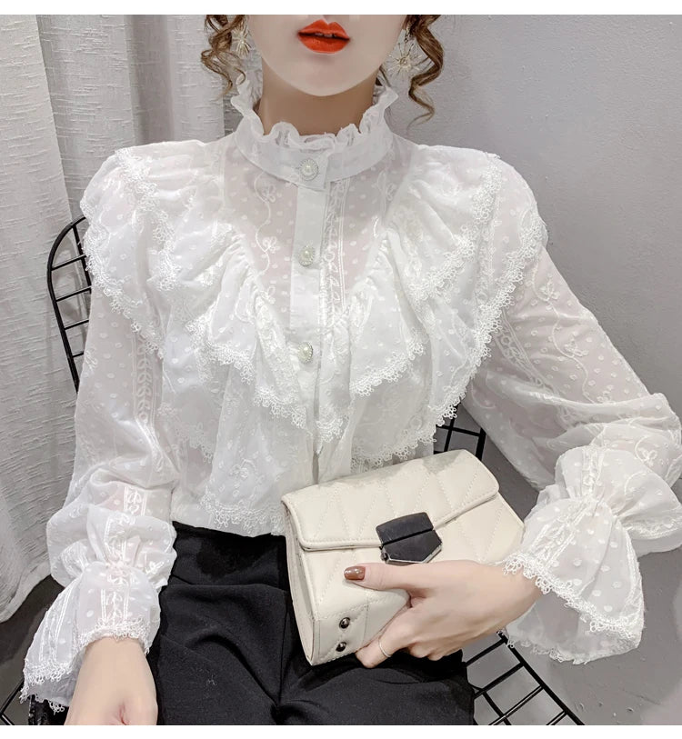 Victorian Style Ruffle Lace  Stand Collar Pleated Blouse with  Long Sleeve