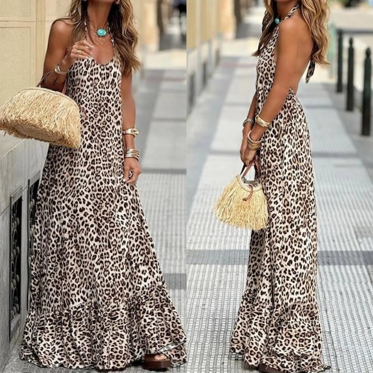 Leopard Print Backless Flowy Maxi Dress