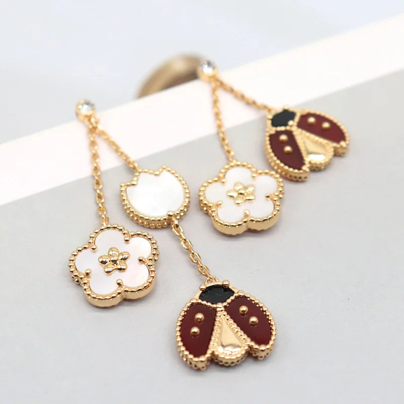 Ladybug Clover Drop Earrings 18K Gold Plated Natural Shell