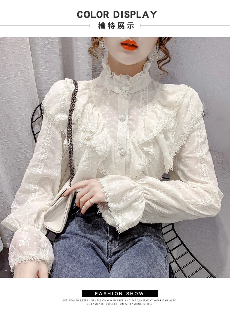 Victorian Style Ruffle Lace  Stand Collar Pleated Blouse with  Long Sleeve