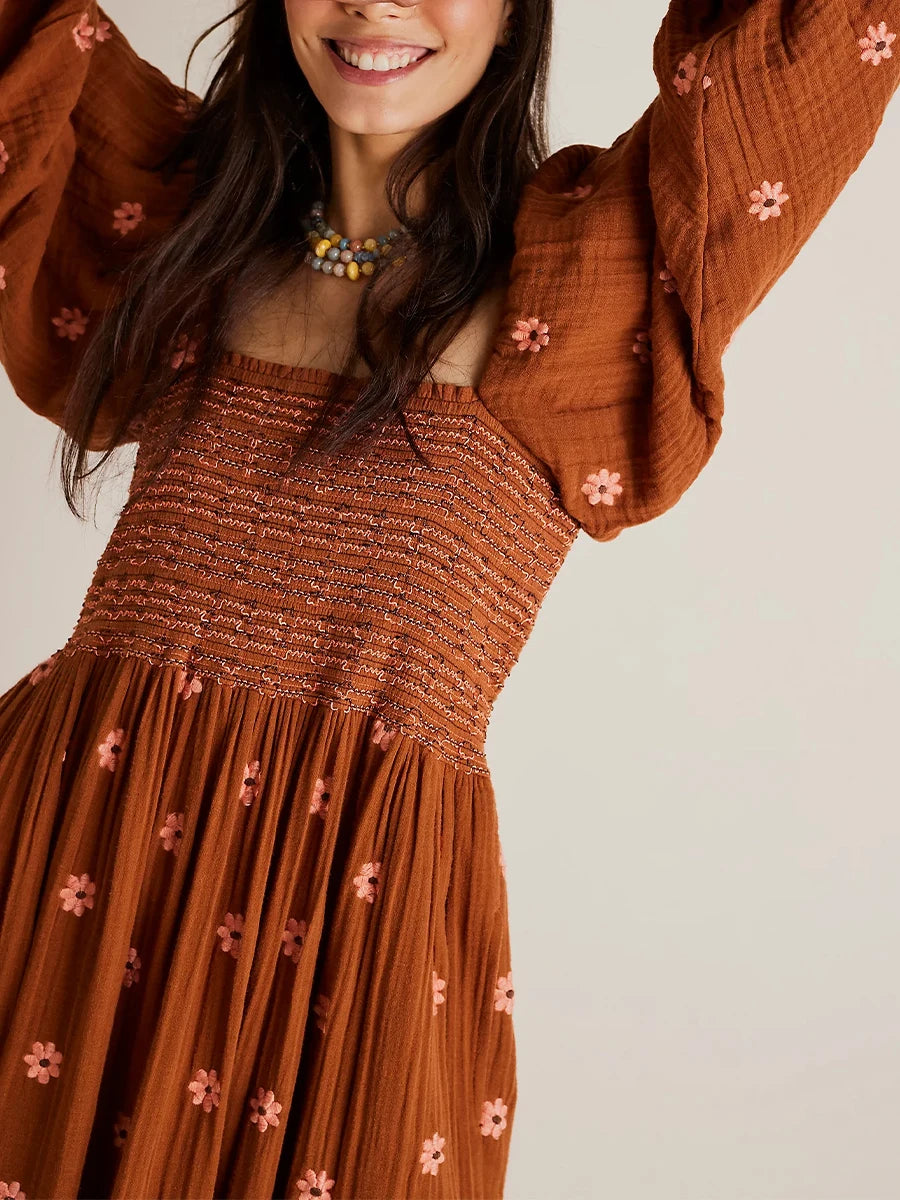 Bohemian Floral Embroidery  Square Neck  Loose Swing Long Dress with 3/4 Puff Sleeves