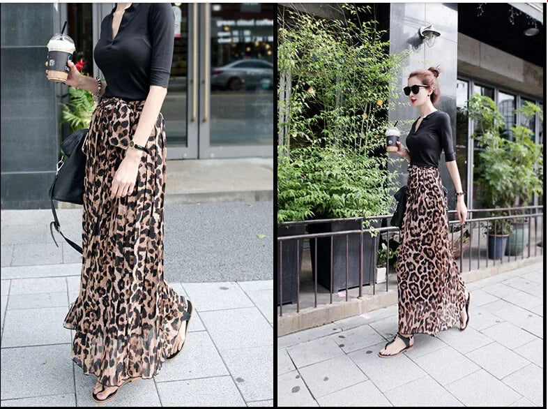 Summery Fit Pleated Leopard Print Maxi Skirt