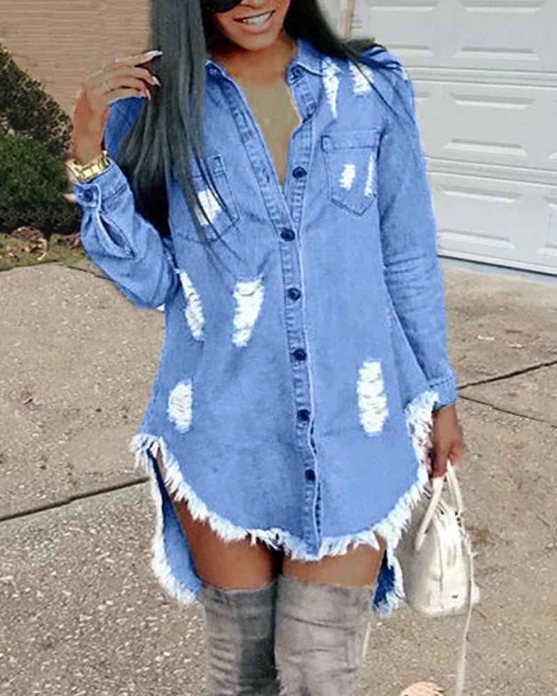 Blue Jean Denim Ribbed Tassel  Asymmetrical Mini  Shirt Dress with Long Sleeve