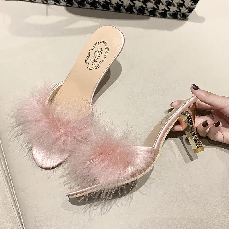 British Style Retro Furry Thin Hight Heel Slides