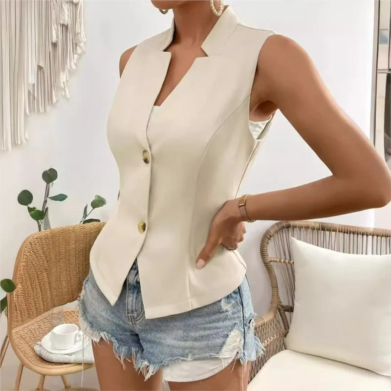 Champagne Single Breasted  V-neck Sleeveless Cardigan Vest