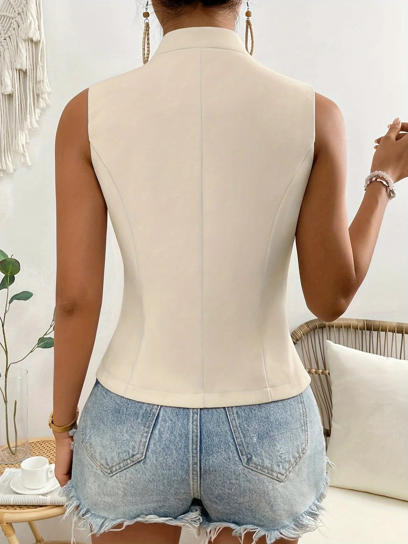 Champagne Single Breasted  V-neck Sleeveless Cardigan Vest