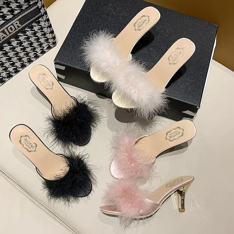 British Style Retro Furry Thin Hight Heel Slides