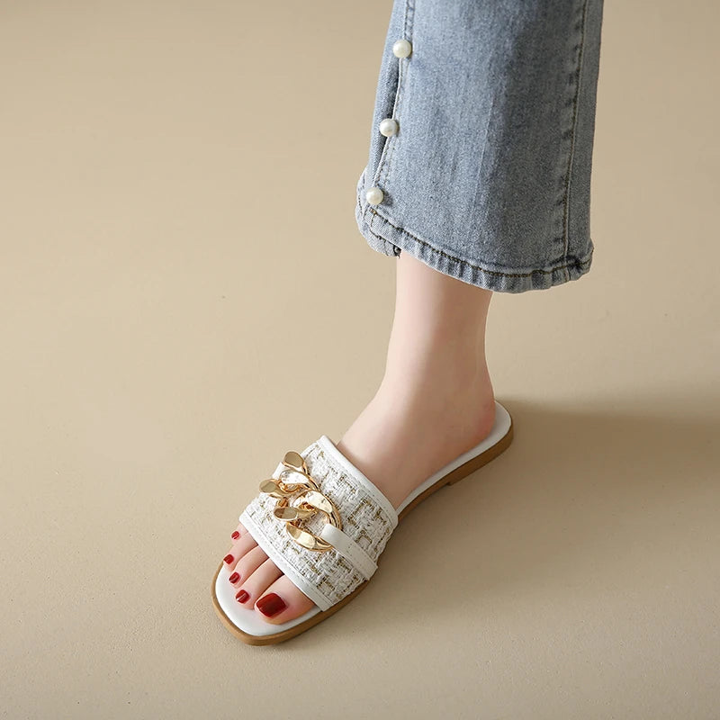 Korean Style Chain White Flip Flops Sandals