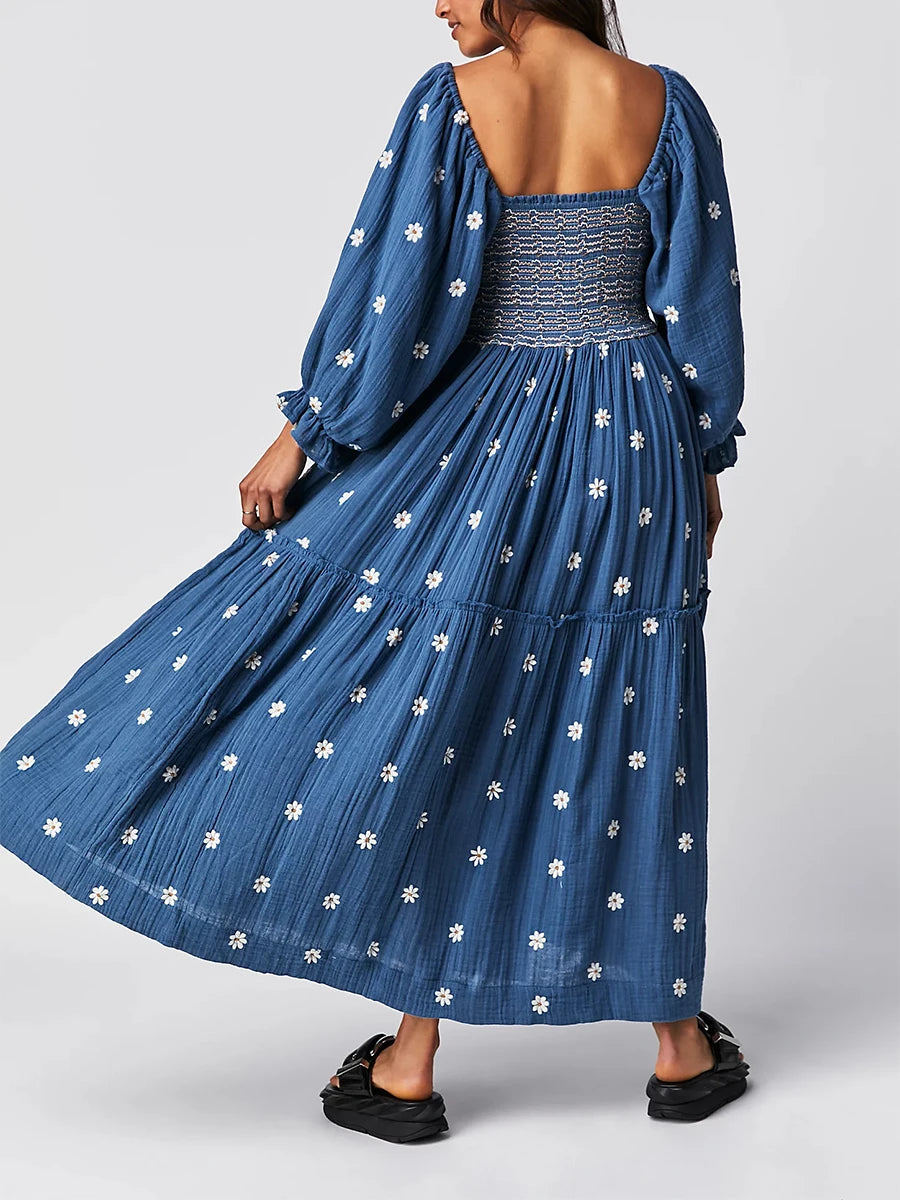 Bohemian Floral Embroidery  Square Neck  Loose Swing Long Dress with 3/4 Puff Sleeves