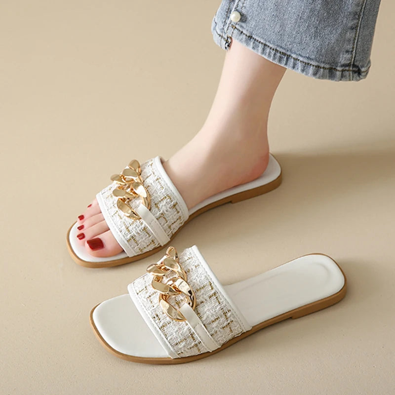 Korean Style Chain White Flip Flops Sandals