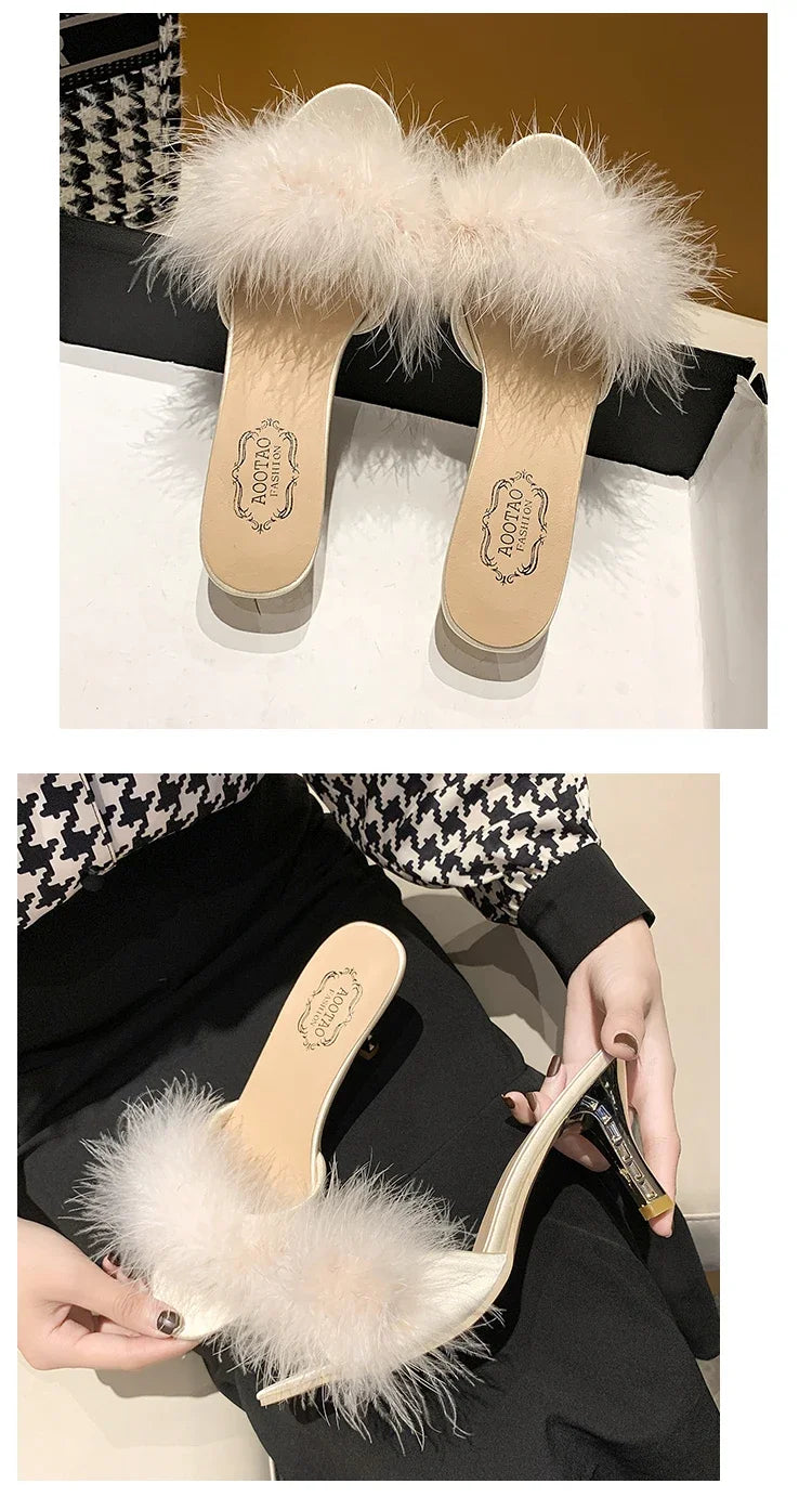 British Style Retro Furry Thin Hight Heel Slides