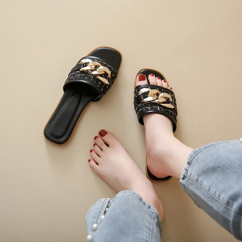 Korean Style Chain White Flip Flops Sandals