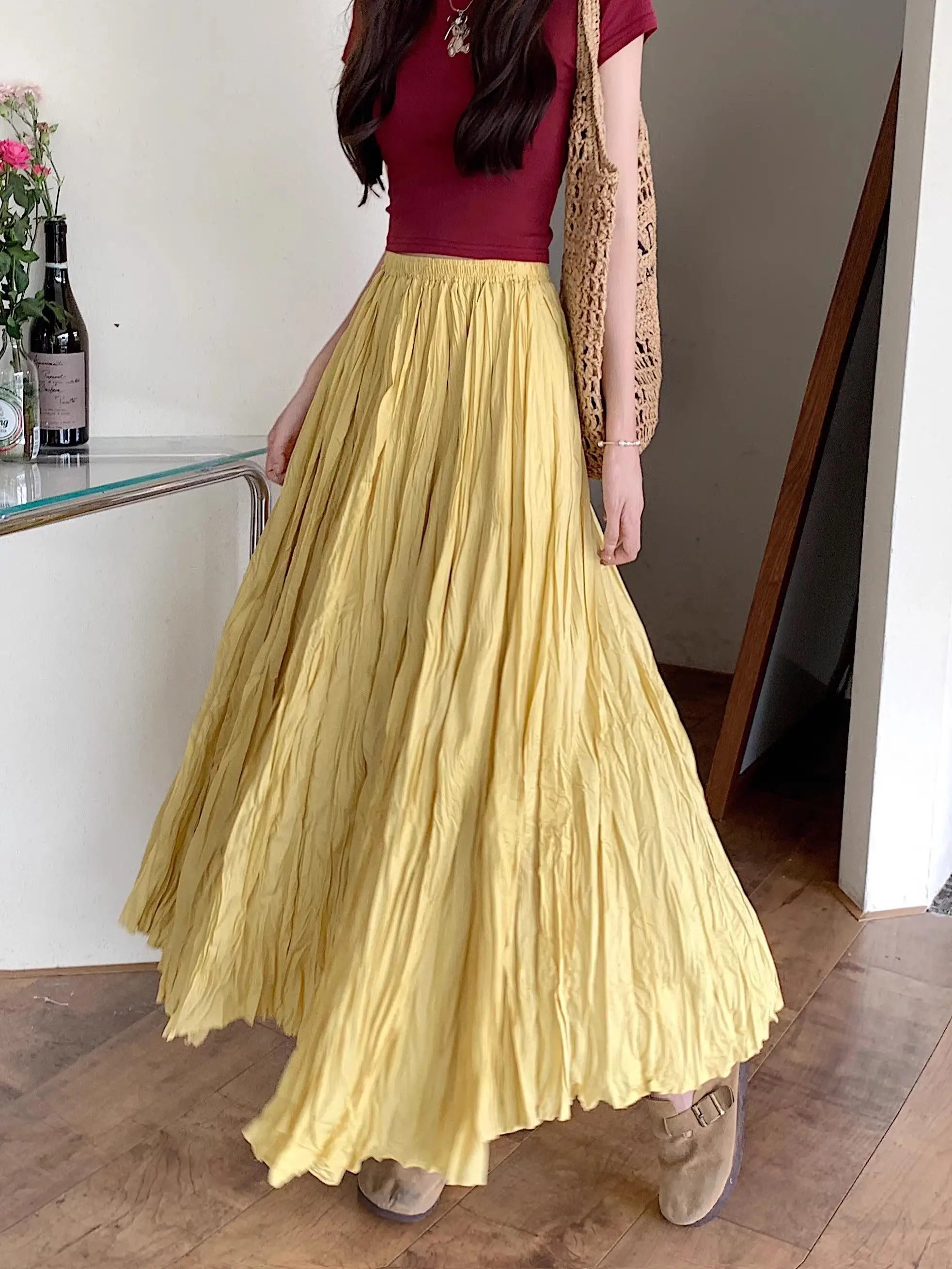 Light Loose Boho Fashion Pleated High Waist Skirt - One Size