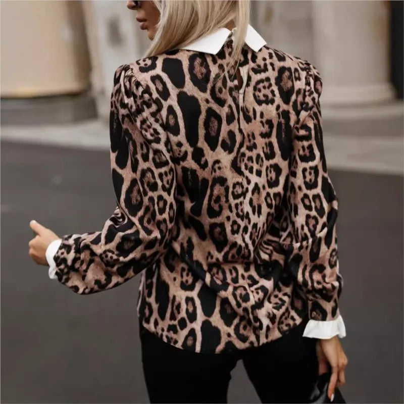 French  White- Collar Leopard Print Long Sleeve Blouse Top