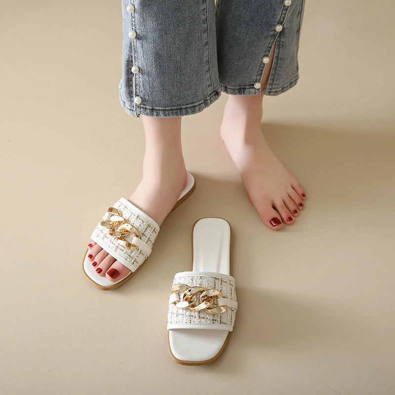 Korean Style Chain White Flip Flops Sandals