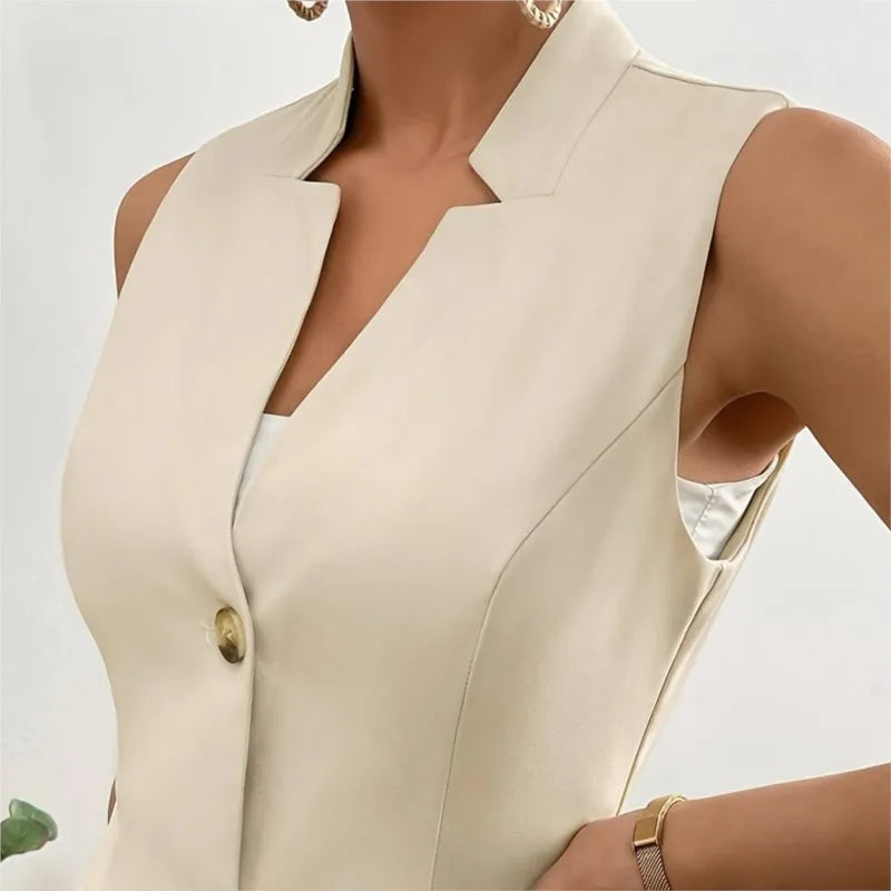 Champagne Single Breasted  V-neck Sleeveless Cardigan Vest