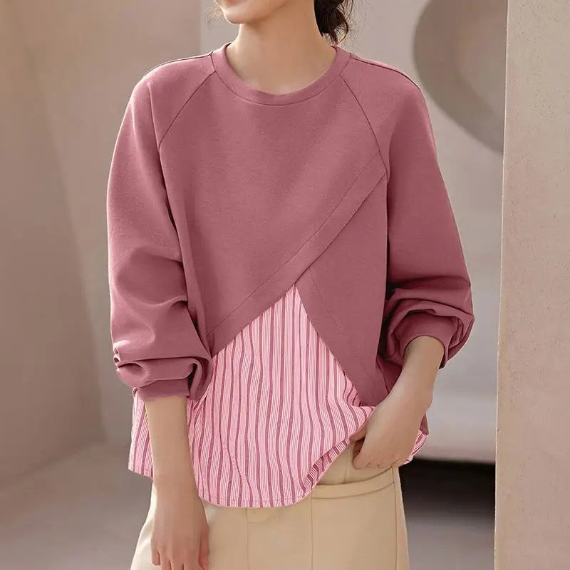 Unique Striped Patchwork O Neck Pullover Blouses with Long  Raglan Sleeves