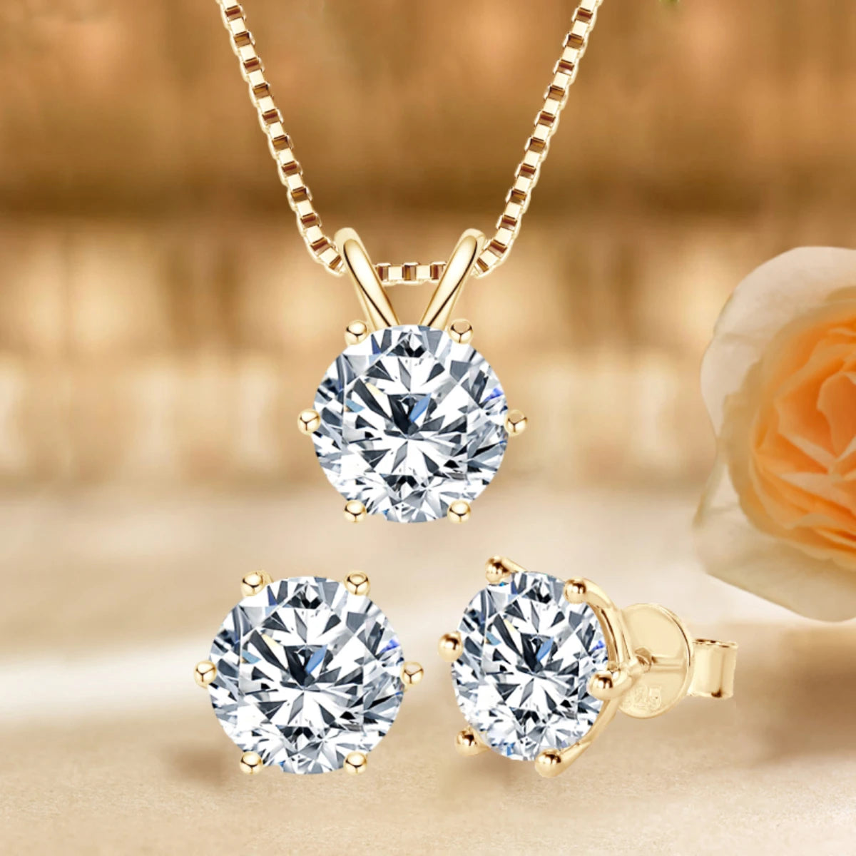 18K Gold Plated 3 Carat Flawless Moissanite Stud Earrings & Pendant Necklace Set