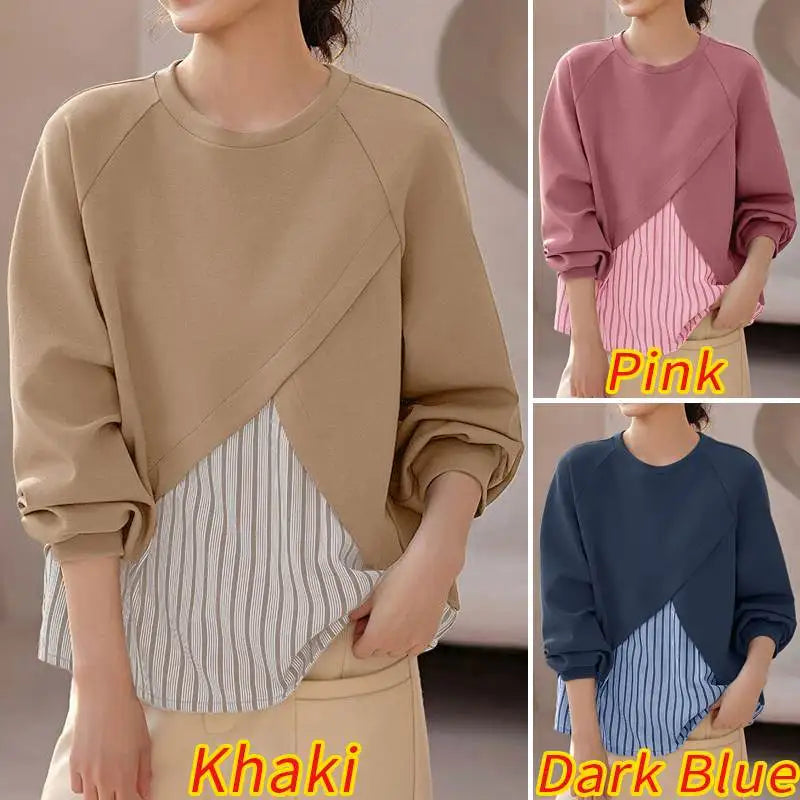 Unique Striped Patchwork O Neck Pullover Blouses with Long  Raglan Sleeves