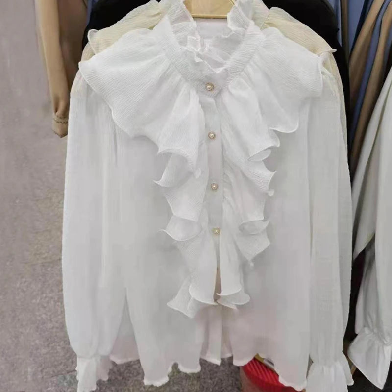 Romantic  Flare  Buttons Ruched  Ruffle Stand Collar Chiffon Shirt with  Long Sleeve