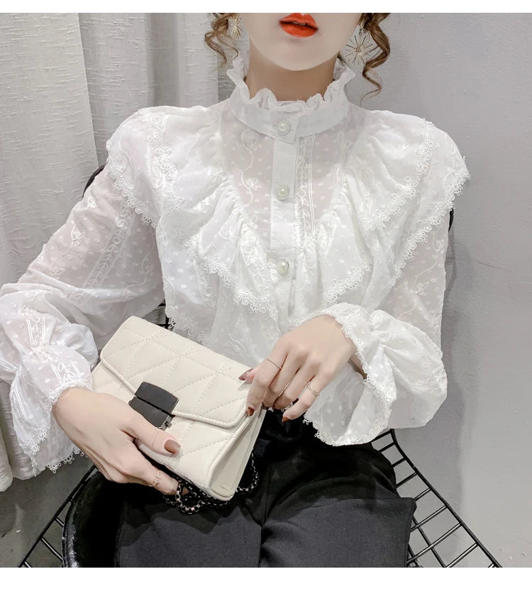 Victorian Style Ruffle Lace  Stand Collar Pleated Blouse with  Long Sleeve