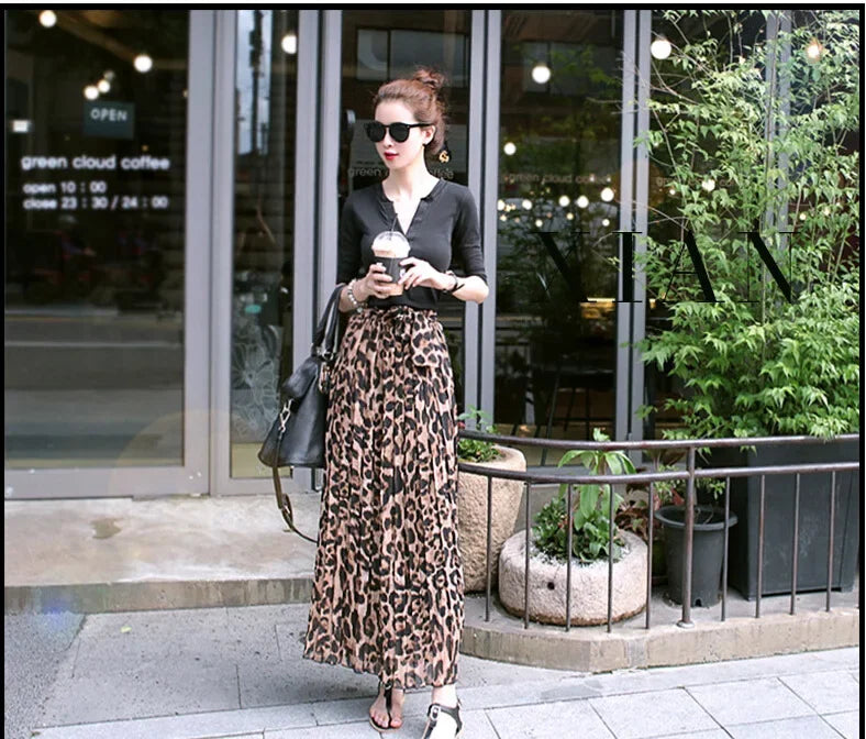 Summery Fit Pleated Leopard Print Maxi Skirt