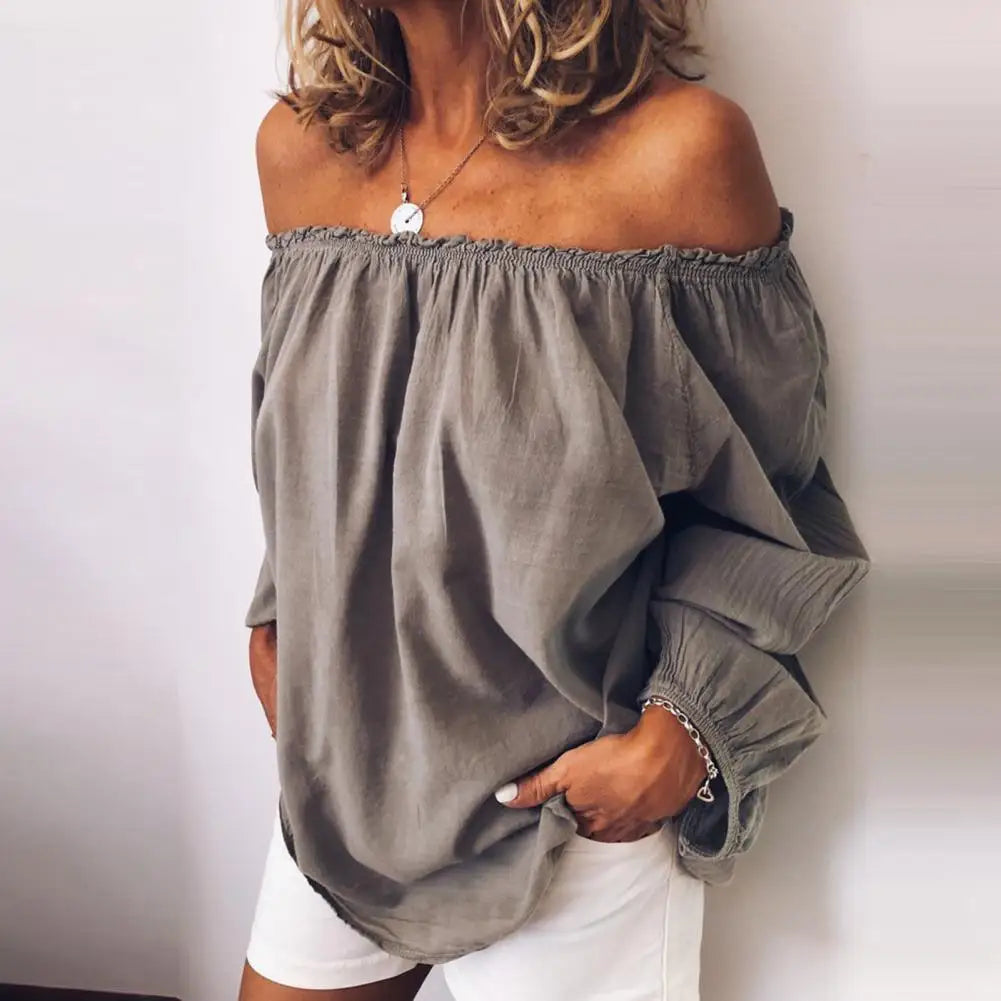 Blouse Casual Off Shoulder Blouse Shirt Tops  Neckline Pleated Elastic Lady's Shirt