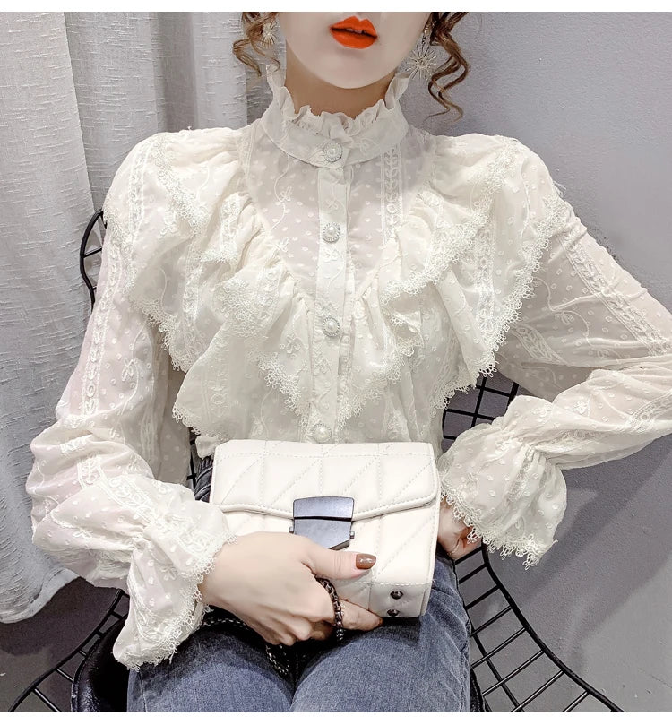 Victorian Style Ruffle Lace  Stand Collar Pleated Blouse with  Long Sleeve