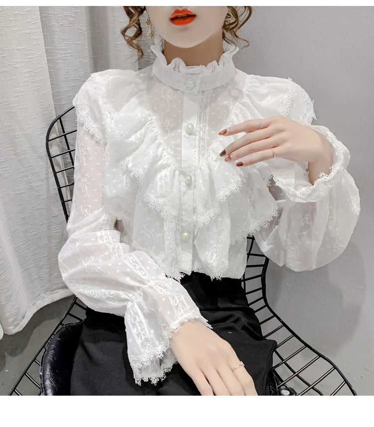 Victorian Style Ruffle Lace  Stand Collar Pleated Blouse with  Long Sleeve