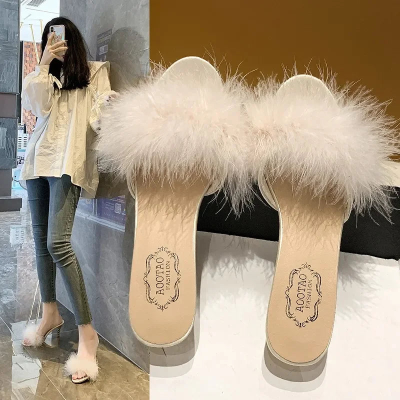 British Style Retro Furry Thin Hight Heel Slides