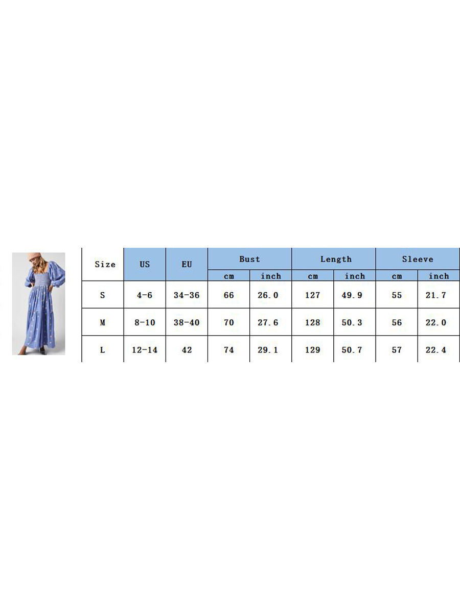 Bohemian Floral Embroidery  Square Neck  Loose Swing Long Dress with 3/4 Puff Sleeves