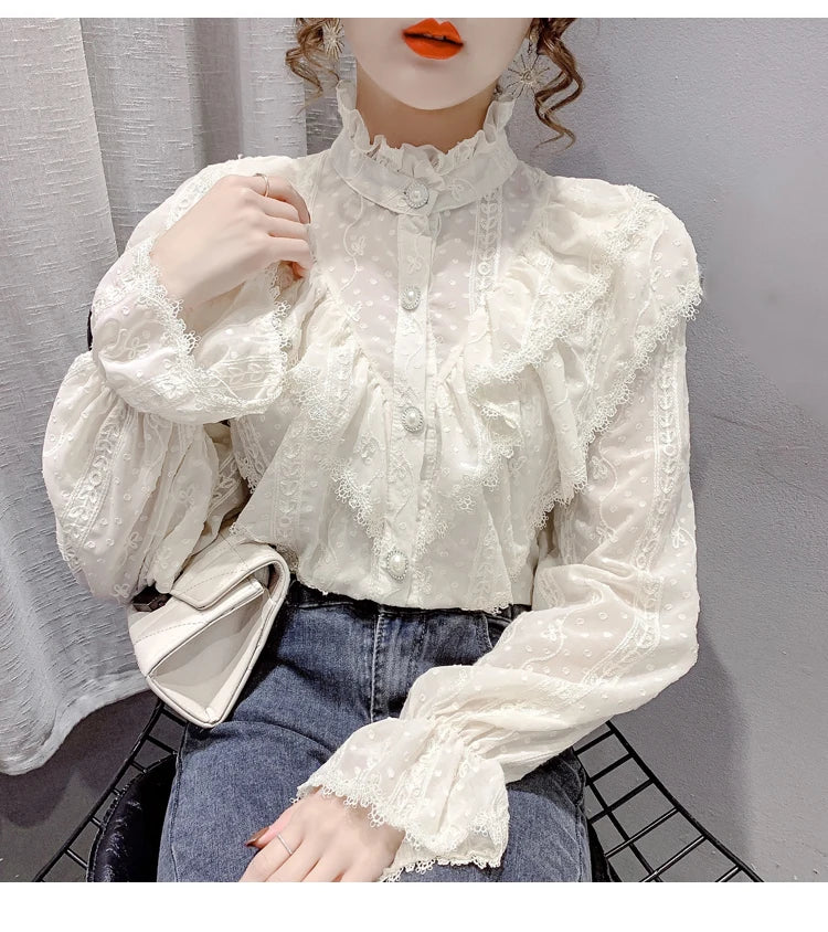 Victorian Style Ruffle Lace  Stand Collar Pleated Blouse with  Long Sleeve