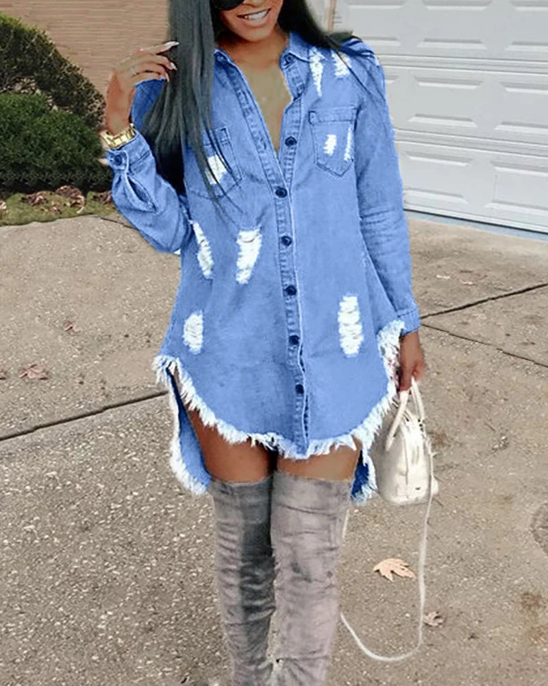 Blue Jean Denim Ribbed Tassel  Asymmetrical Mini  Shirt Dress with Long Sleeve