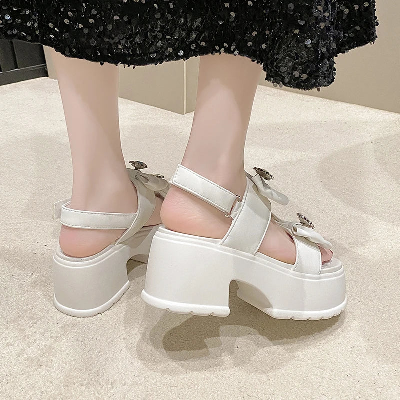 Heart Charm Bow Chunky Thick Bottom Sandals