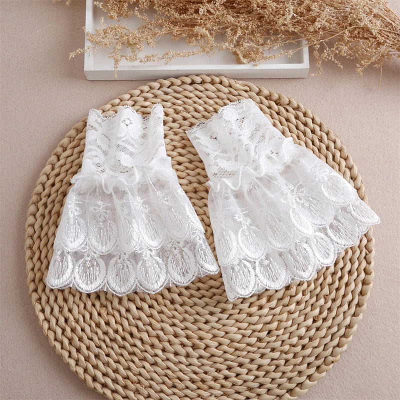 Detachable Ruffles Cuffs Cotton Embroidery with Floral Lace Mesh Wristband Accessory