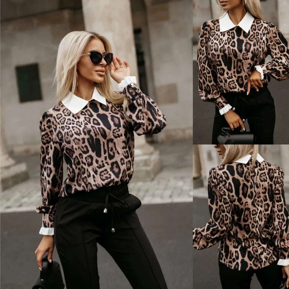 French  White- Collar Leopard Print Long Sleeve Blouse Top