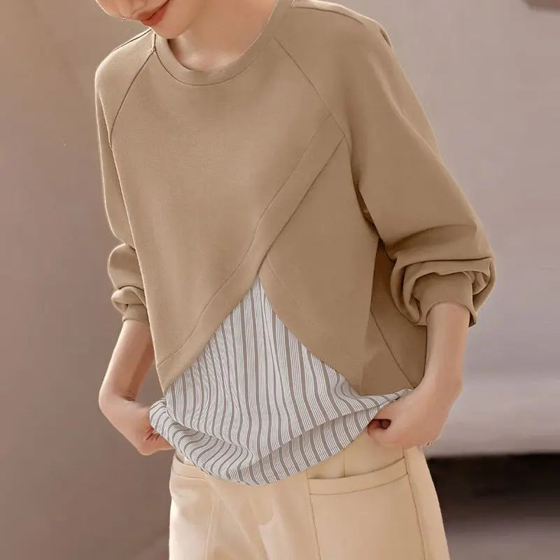 Unique Striped Patchwork O Neck Pullover Blouses with Long  Raglan Sleeves