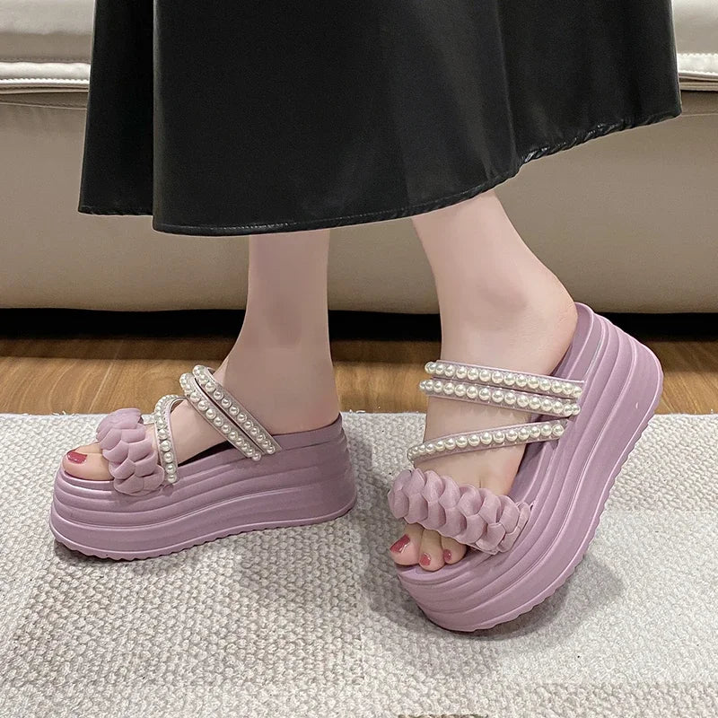 High Platform Summer Pearls Sandals with Buckle Straps