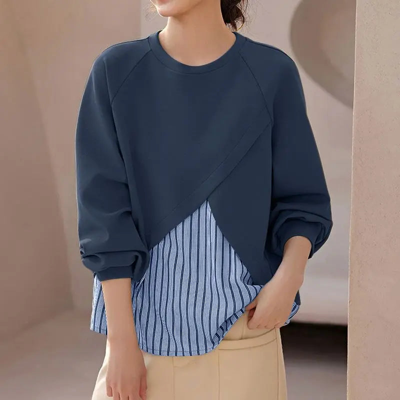 Unique Striped Patchwork O Neck Pullover Blouses with Long  Raglan Sleeves