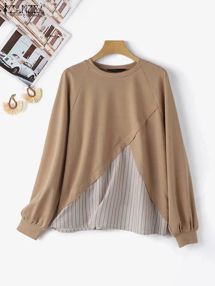 Unique Striped Patchwork O Neck Pullover Blouses with Long  Raglan Sleeves