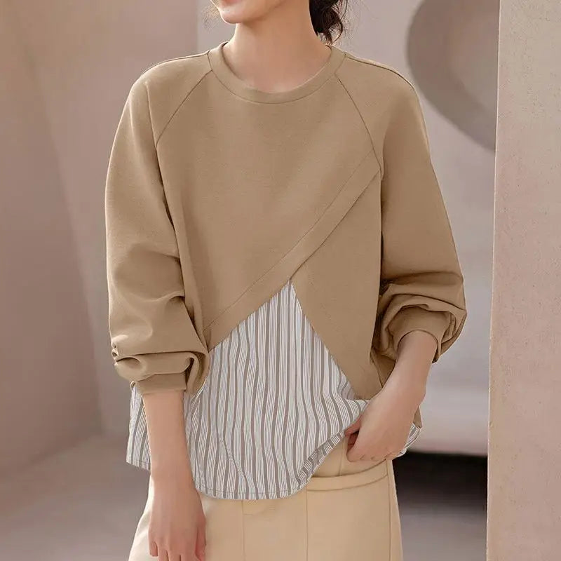 Unique Striped Patchwork O Neck Pullover Blouses with Long  Raglan Sleeves