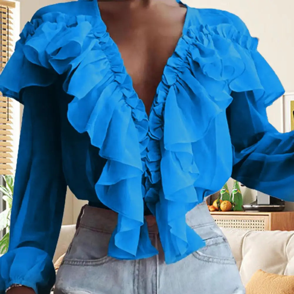 Love Ruffle Collar V-neck  Chiffon Shirt with Long Sleeve